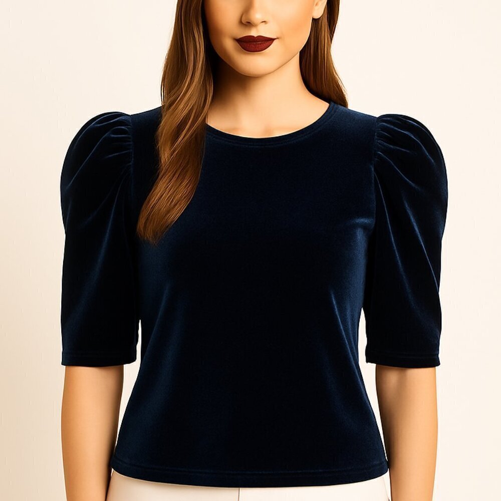 Petersyn Black Velvet Puff Sleeve Crew Neck Top